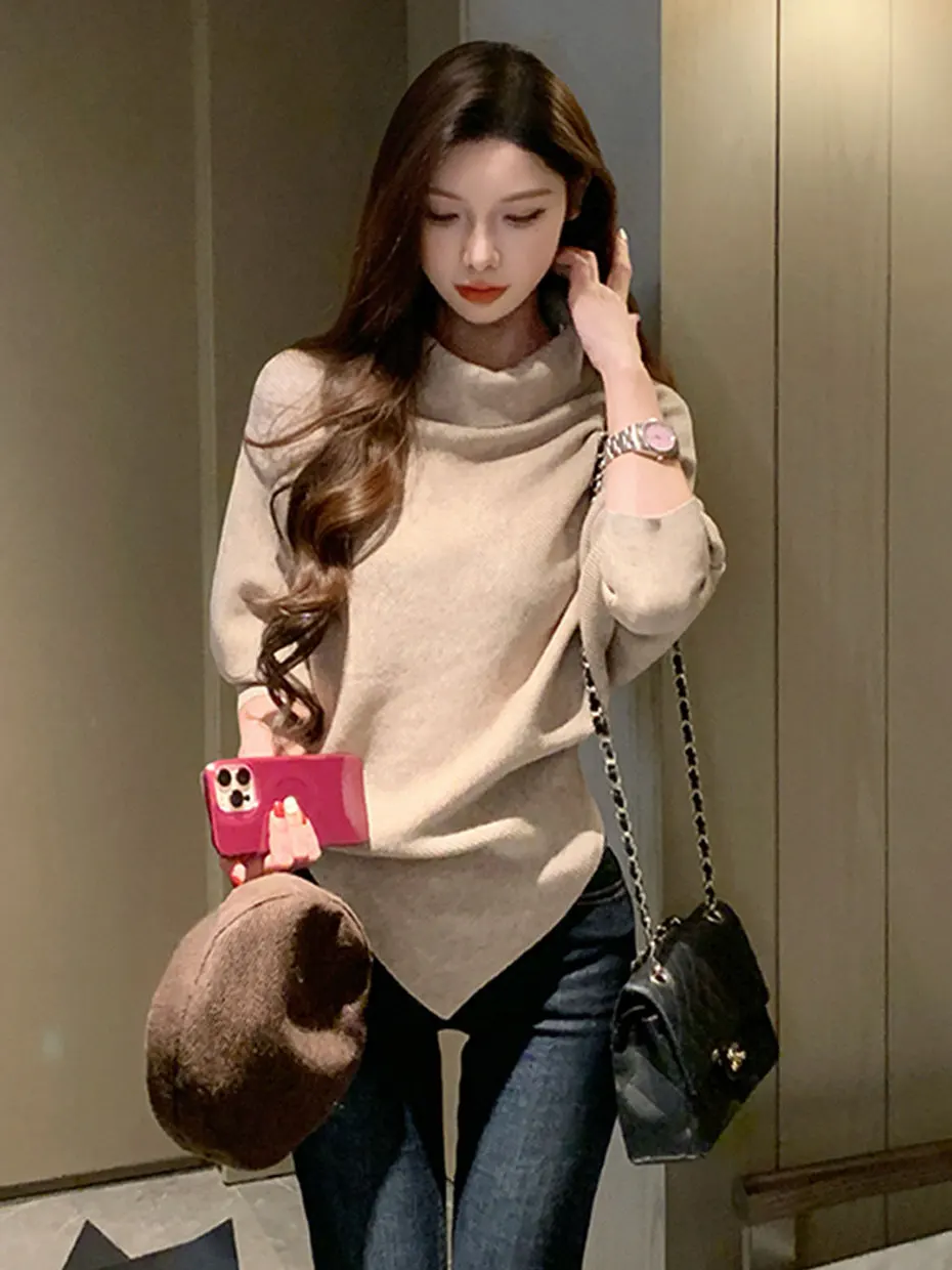 

White Knitted Sweater Women's Autumn Winter Short Batwing Sleeve High Collar Irregular Hem Inner Shirt Casual City Walk Top