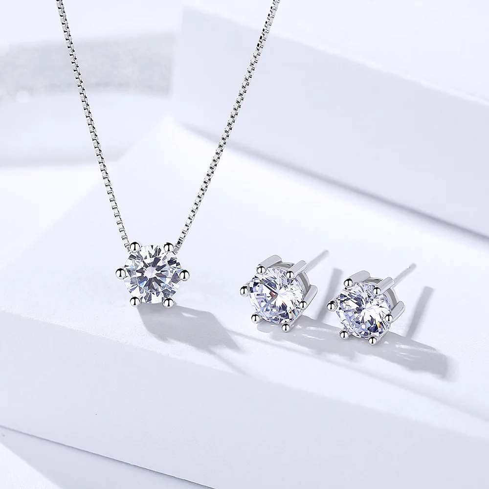 1ct D Color VVS1 Moissanite Jewelry Set 925 Silver White Gold Plated Pendant Necklace Stud Earrings Sets for Women Gift