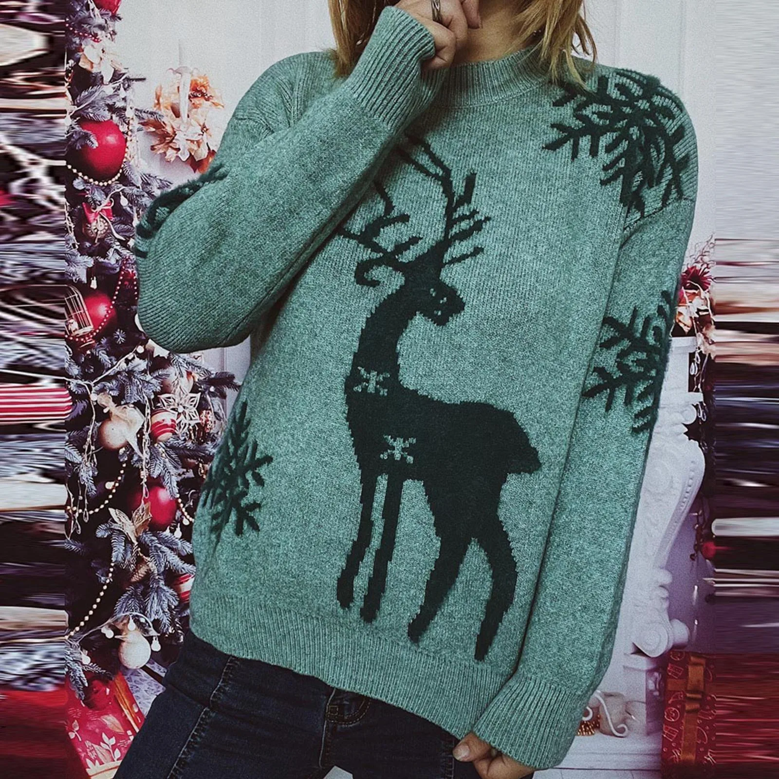 

Ladies Autumn and Winter Round Neck Long Sleeve Christmas Sweater Snowflake Deer Jacquard Knitted Pullover Pullover Sweater