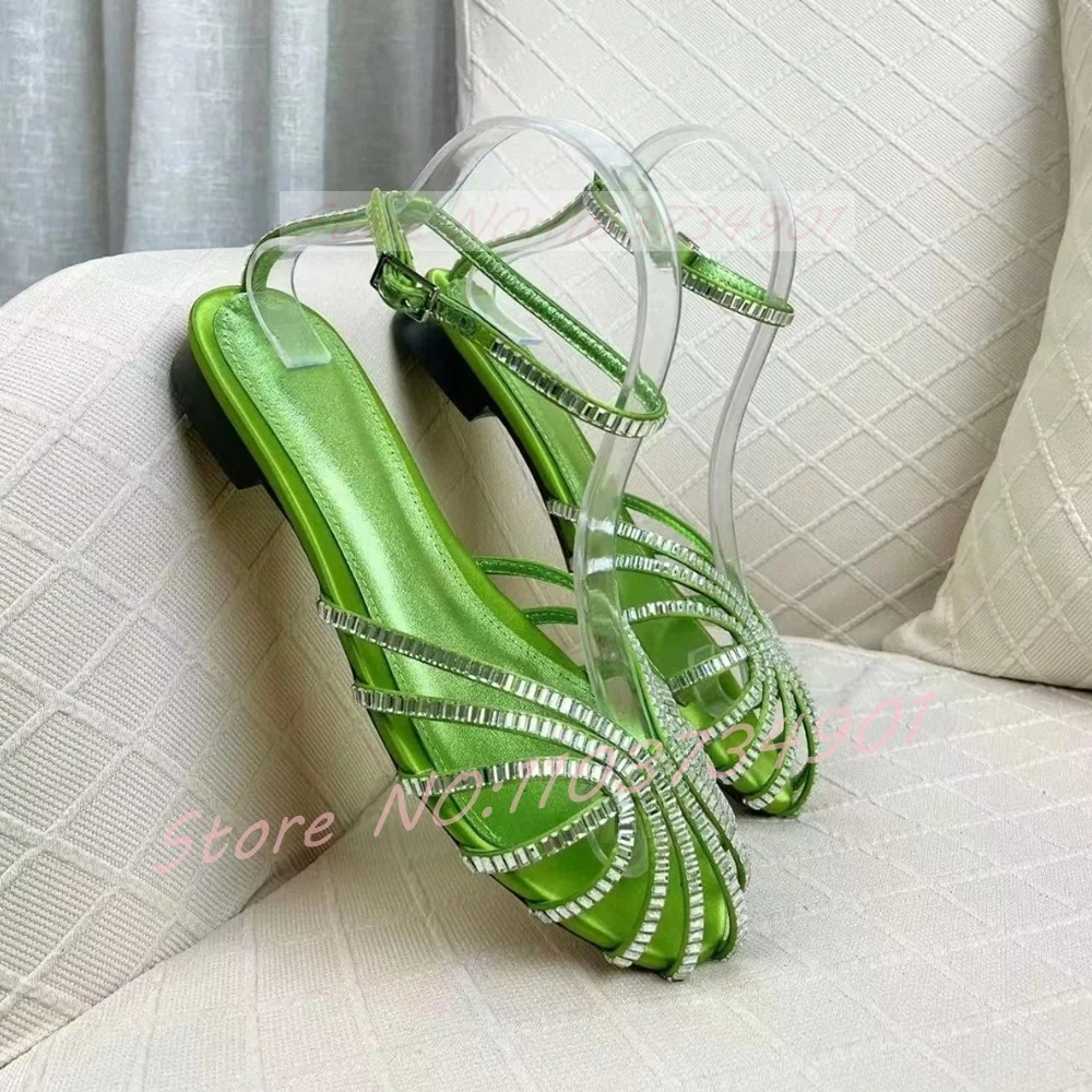 

Crystals Caged Toe Flat Sandals Women Casual Round Toe Ankle Strap Green Nude Satin Heeled Sandals Ladies Wedding Party Shoes