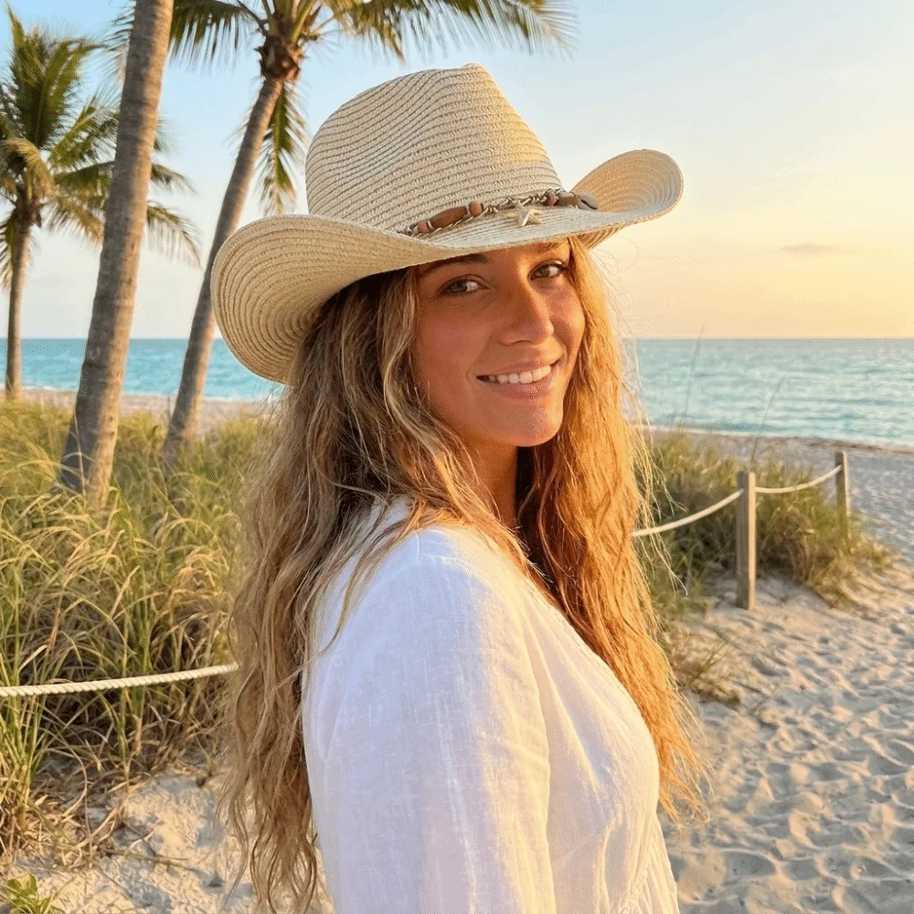 Starfish Pattern Acrylic Fibers Straw Cowboy Hat Conch Shell UV Protection Sun Hat Breathable Foldable Floppy Hat Summer