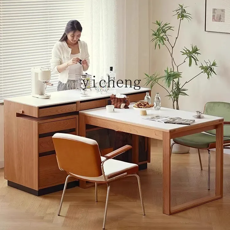 

ZZ rock slab retractable solid wood dining table and chair combination household small apartment living room retro desk