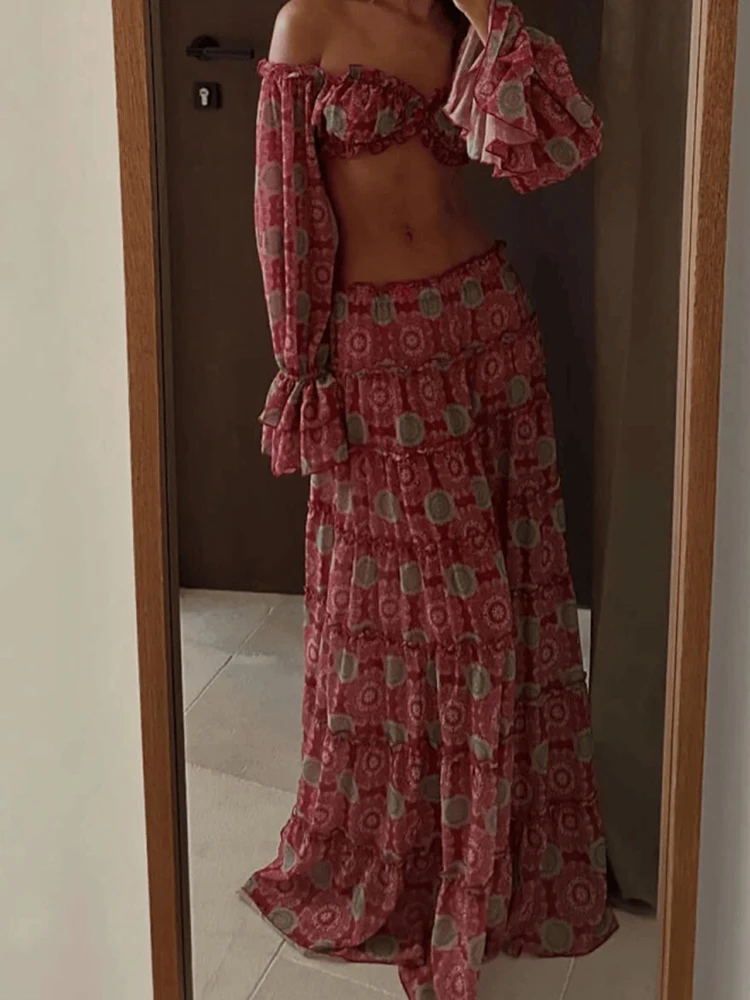 

Elegant Lady High Waist Skirts Suits Casual Tube Tops Crop Tops&Half Skirts Set Summer New Pattern Print Bohemian Vacation Sets