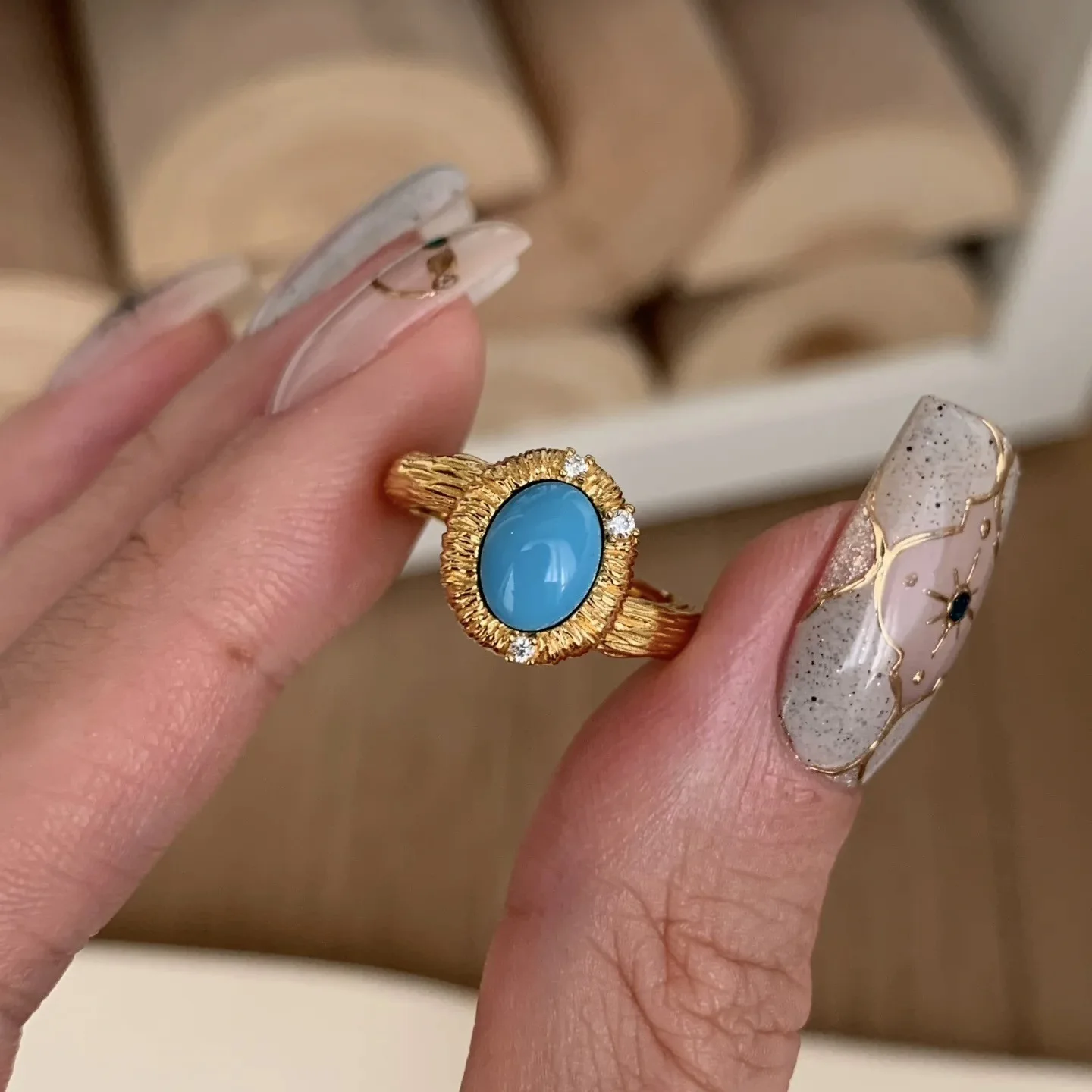 Vintage brushed turquoise necklace rings earrings for women fashion antique gold crafts diamond inlay blue fashion jewelry sets