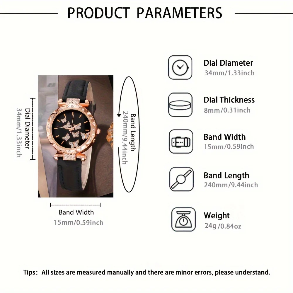 6 Stks/set Dameshorloge Elegant Vlinder Quartz Horloge Luxe Strass Analoog Polshorloge & Sieraden Set, Cadeau Voor Mama Haar