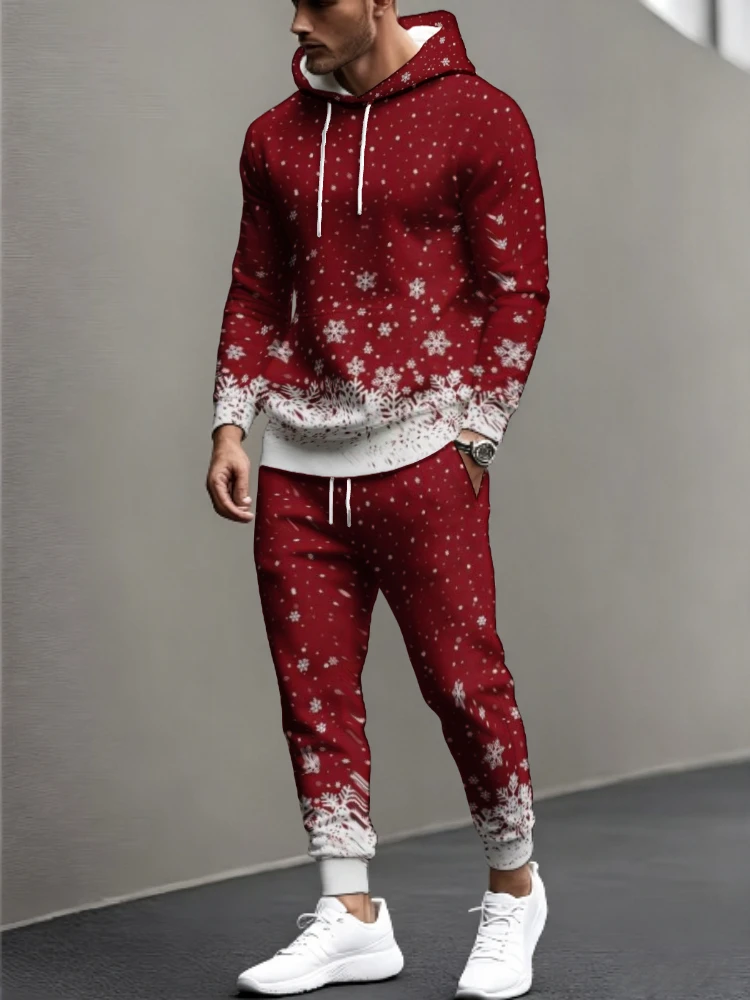 Wash Effect Set - Herren 2-teiliger Weihnachts-Trainingsanzug mit 3D-Schneeflocken- und