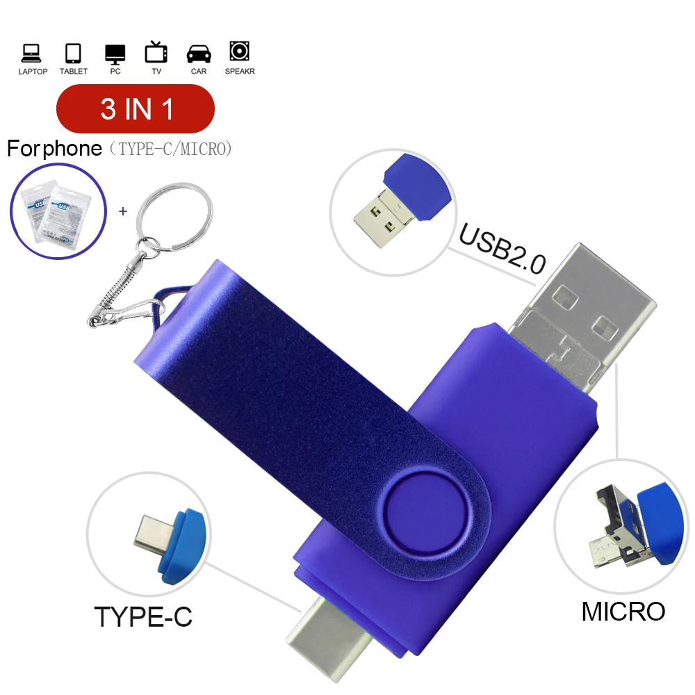 OTG металлический USB флеш-накопитель 3 в 1, флеш-накопитель USB Type C/Micro USB, флеш-накопитель 128 ГБ, 64 ГБ, 32 ГБ, USB 2,0, карта памяти USB