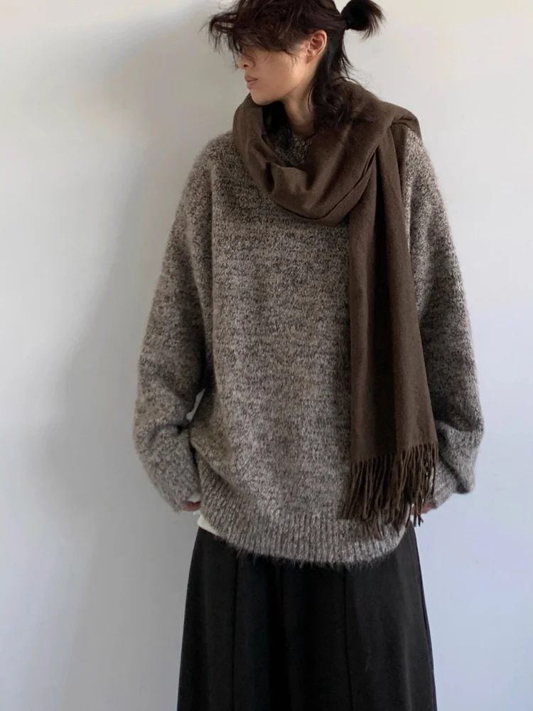 

Loose Oversized Neutral Knitted Sweater Lazy Sle Casual Japanese Retro Winter Faion for Men And Women round Ne Long Sve