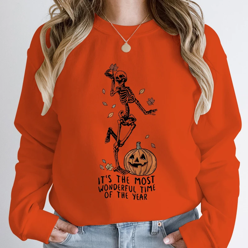 Halloween Skeleton & Pumpkin Print Sweatshirts Casual Long Sleeve Crew Neck Sweatshirt Women\'s Clothing