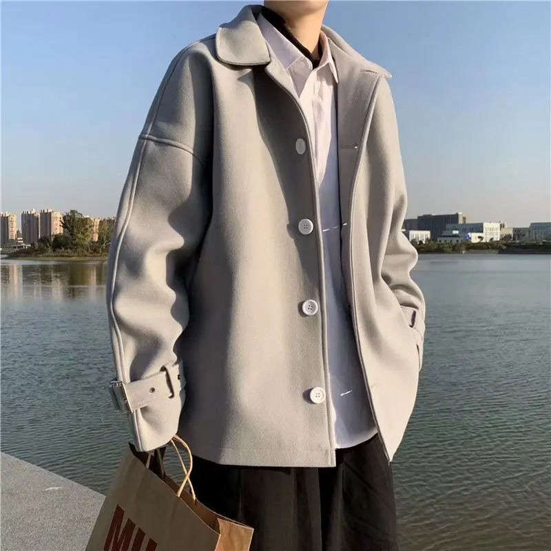 

Мужское шерстяное пальто в стиле Hong Kong Sle Chic: модная свободная уличная одежда, осенне-зимняя ветровка, молодежная куртка