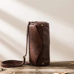 Men Cylinder Bag Shoulder Sports Bucket Bag Handmade Leather Men's Bag Messenger Bag Retro Original Head Layer Leather Vintage