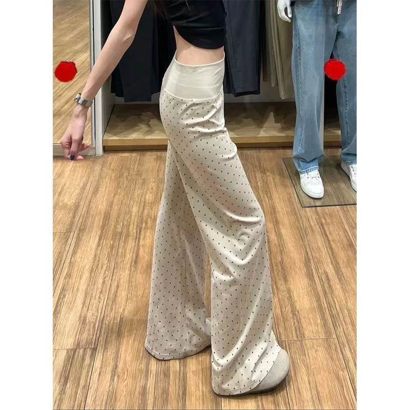 Polka Dot High Waist Bootcut Pants Women Elastic Waistband Slim Flare Casual Daily Lounge Wear Trousers