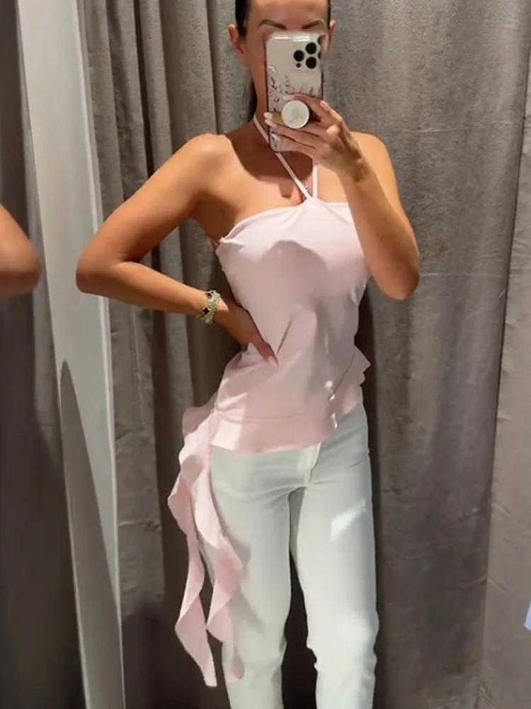 

HH Woman Fashion Solid Backless Laminated Decoration Neck Halter Texture Tops Women Summer Sexy Sleeveless Asymmetry Tops