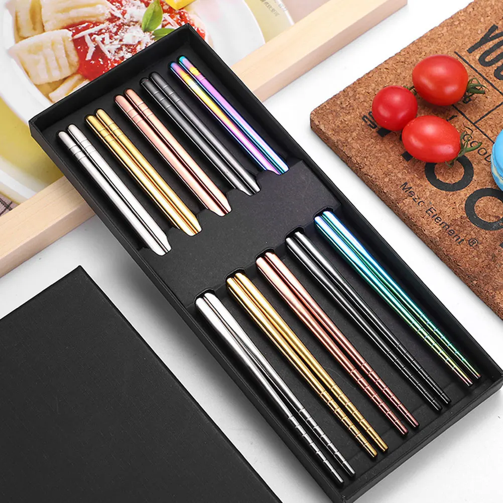 

5 Pairs Blue Stainless Steel Chopsticks Non slip Reusable Child Bulk Cooking Utensils Metal Kitchen Dining Accessories Storage