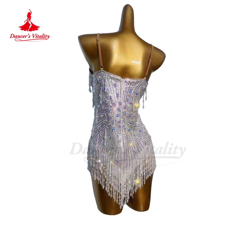 Abito da ballo latino per donna Full AB Stones Rumba Chacha Tango Performance Costume customsize Adult Children abito con frange latino