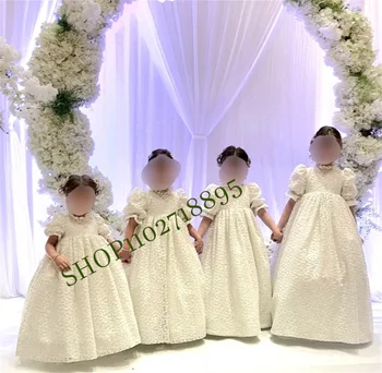 שמלת ילדה פרח תחרה לבנה חצי שרוול עבור שמלת כלה בלון פורח שרוול פריקטיות יום הולדת