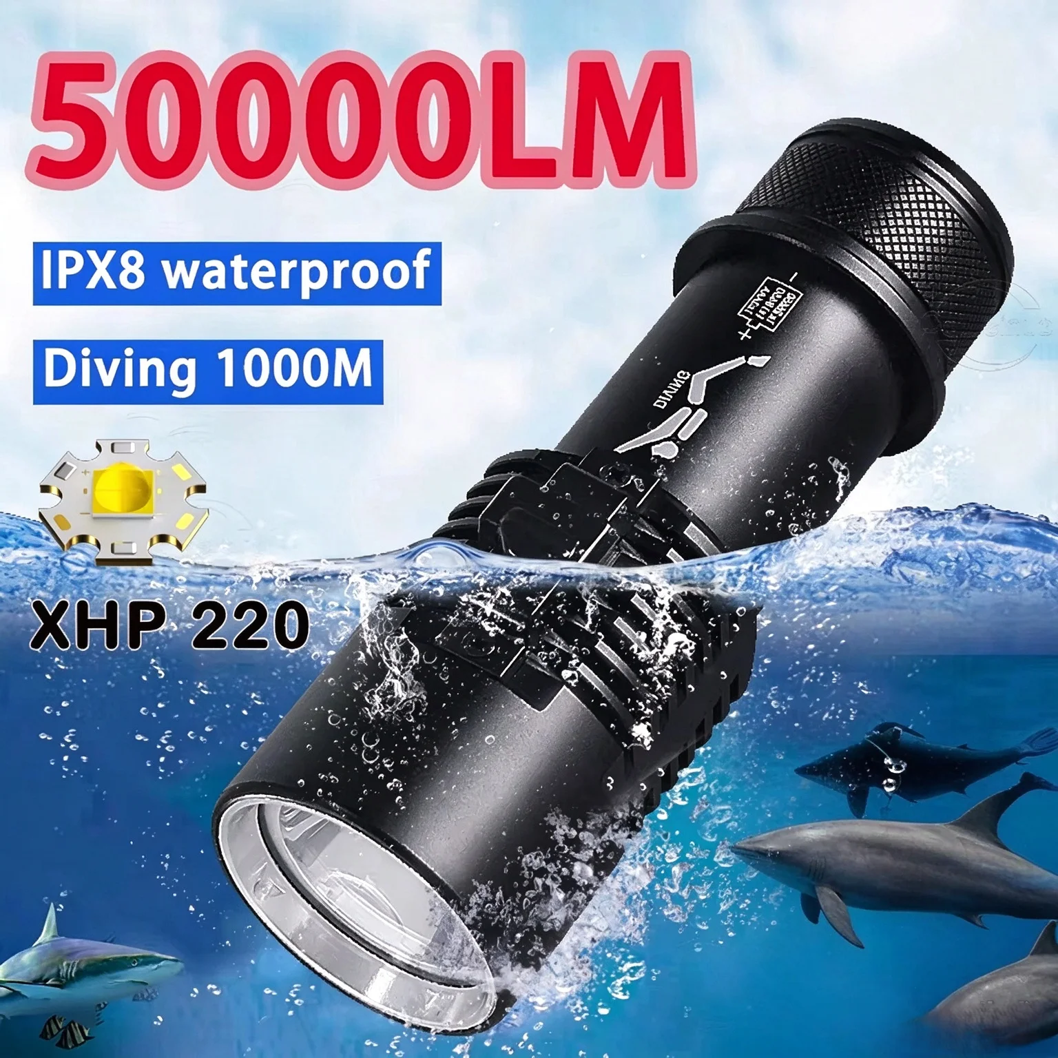 50000LM Diving Flashlight XHP220 Professional Scuba Torch High Power Underwater Flash Light Diving 1000M Torch Light Waterproof