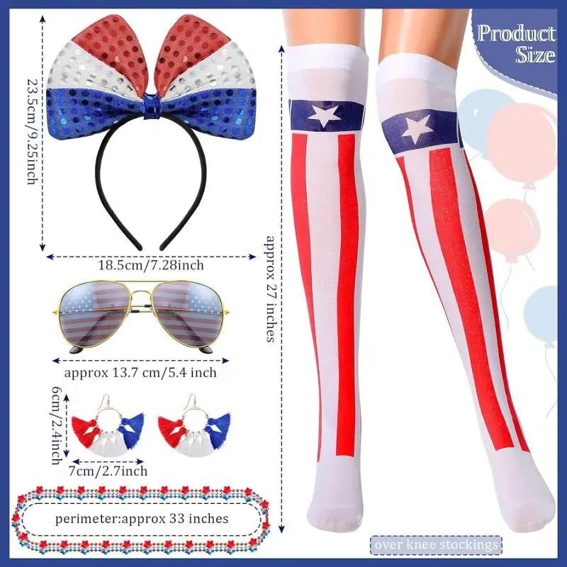 PESENAR American Flag Costume Accessories Set Red White Blue Tutu,Necklaces,Tassel Earring,Sunglasses,Bow Headband,Stocking