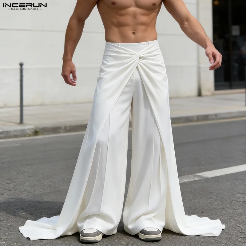 INCERUN Men Irregular Pants Solid Elastic Waist Joggers Trousers Men Streetwear Loose 2026 Pleated Fashion Casual Men Long Pants