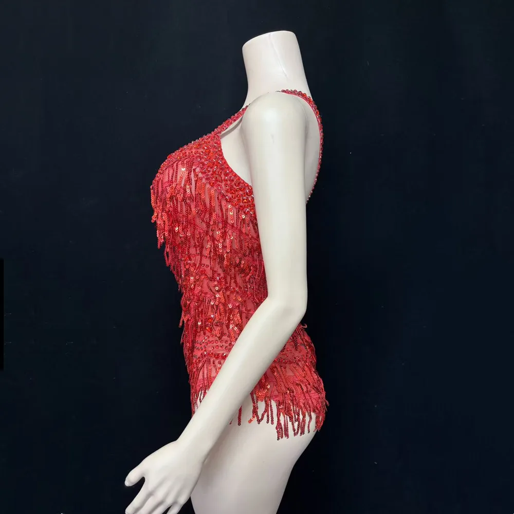 Rode pailletten kwastje bodysuit nachtclub vrouwen zanger podiumconcert strass turnpakje prestaties dans kostuum festival kleding