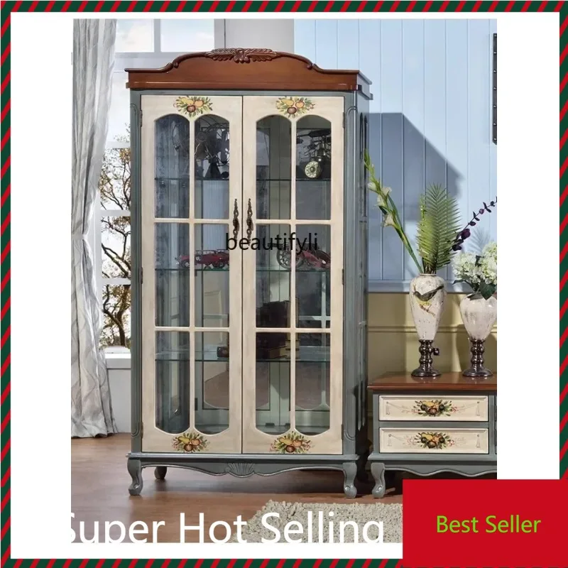 

M71 American-Style Solid Wood Large Wine Cabinet Display Cabinet Glass Door Living Room Side Cabinet Integrated Wall Retro Bookc