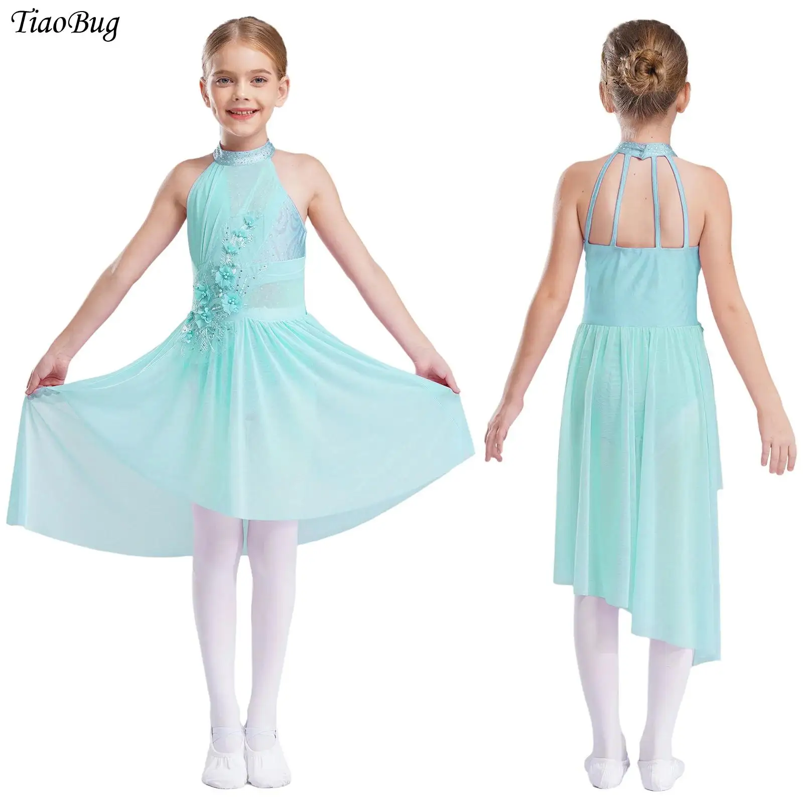 

Kids Girls Ballet Dress Lyrical Dance Rhinestone Gymnastics Leotard Tulle Dress Figure Skating Modern Contemporary Dance Costume