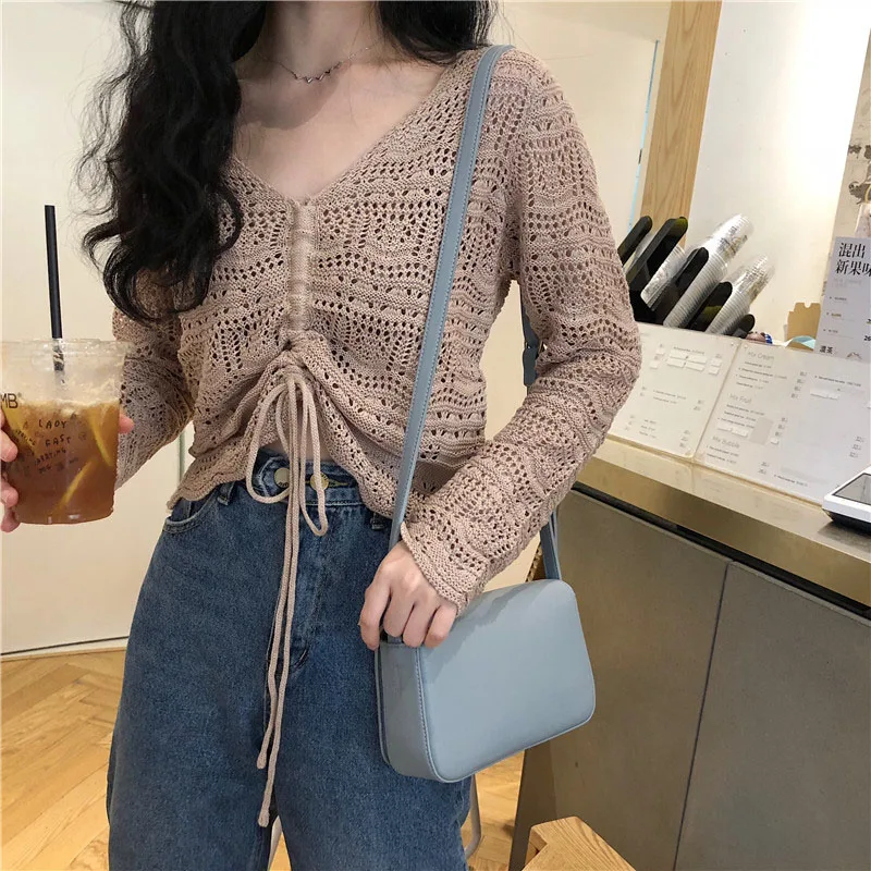Women Knit Hollow Out Crop Tops Streetwear Y2K Crochet Long Sleeve Sweaters Female Fashion Cover Up Drawstring V-Neck Pullovers