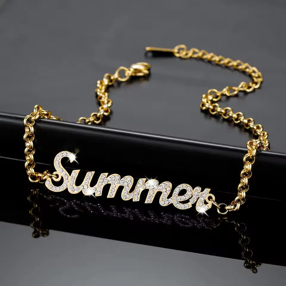 

Zirconia Women Crystal Bracelets Charm Jewelry Gift Custom Gold Stainless Bracelets Personalized Iced Out Name Bracelet&Bangle