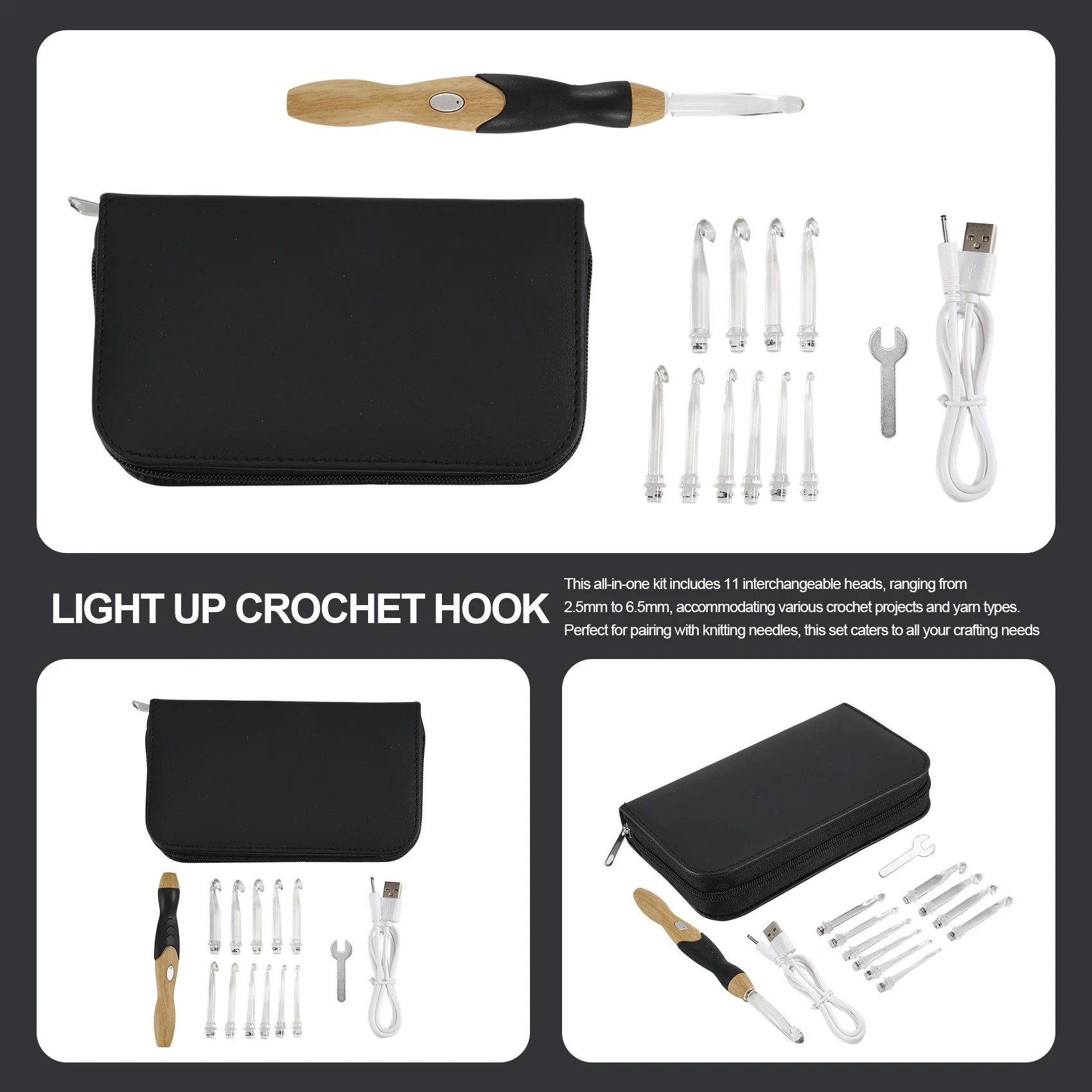 Ensemble de crochets à LED 11 en 1, crochets à LED rechargeables par USB 9 en 1, outils de couture et de tissage à la main, ense