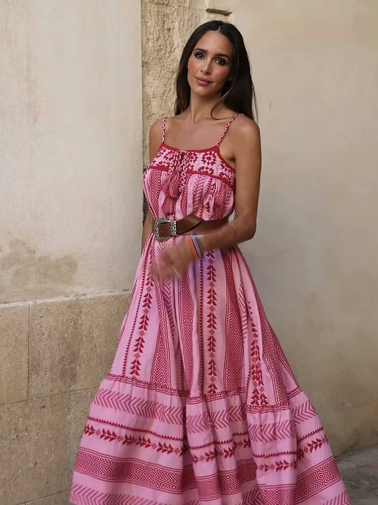 Women Vintage Knitted Patchwork Slip Dress Summer Boho Fashion Sleeveless Midi Dresses Female Elegant Beach Long Dress TRAF