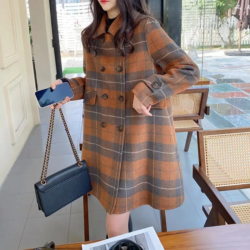 

Onecozyday Women's Winter Woolen Coat Plaid Middle Length Double-breasted Coat 2025 Stylish Loose Fit A-line Outerwears