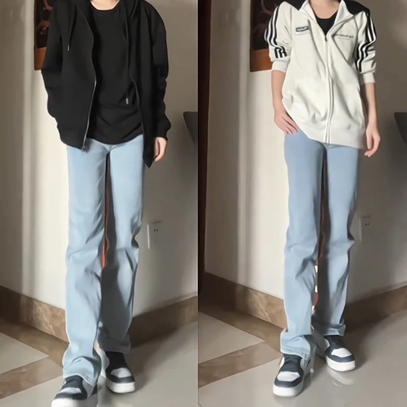 

Light Blue Straight Leg Men's Jeans Summer American Vibe Slimming CleanFit Wide Leg Micro Flared Pants Youth Trend Cotton Blend