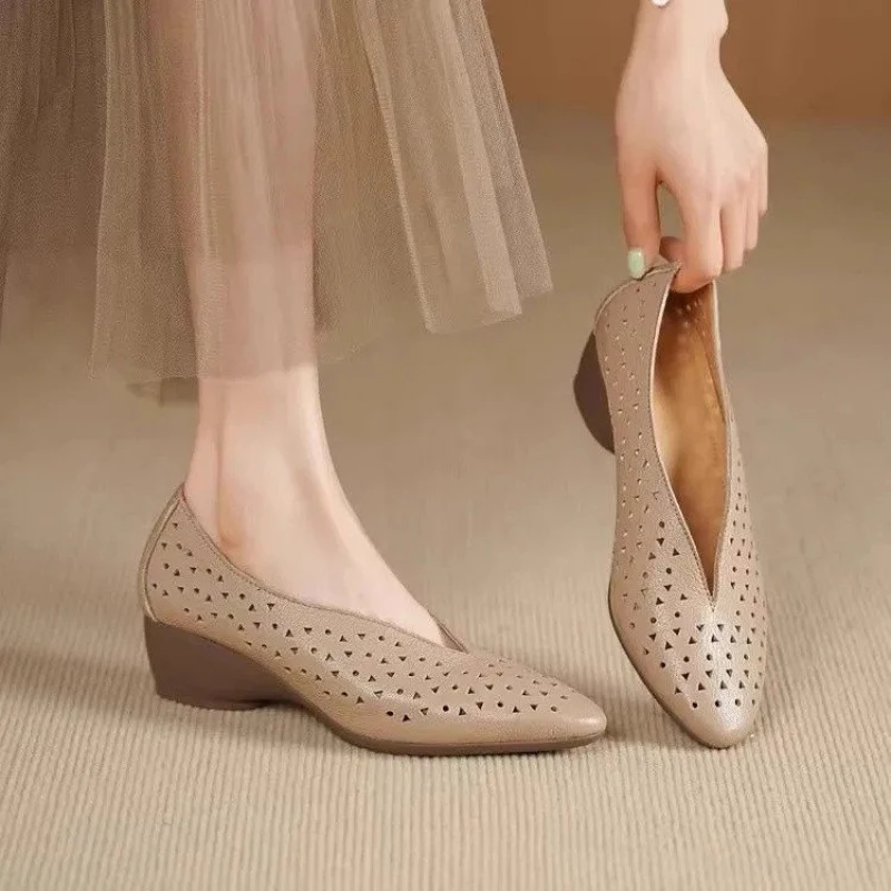 Women's Hollow Out Wedge Heel Pumps, Summer Breathable Soft Leather V-Cut Loafers, Casual Comfortable Women's Shoes