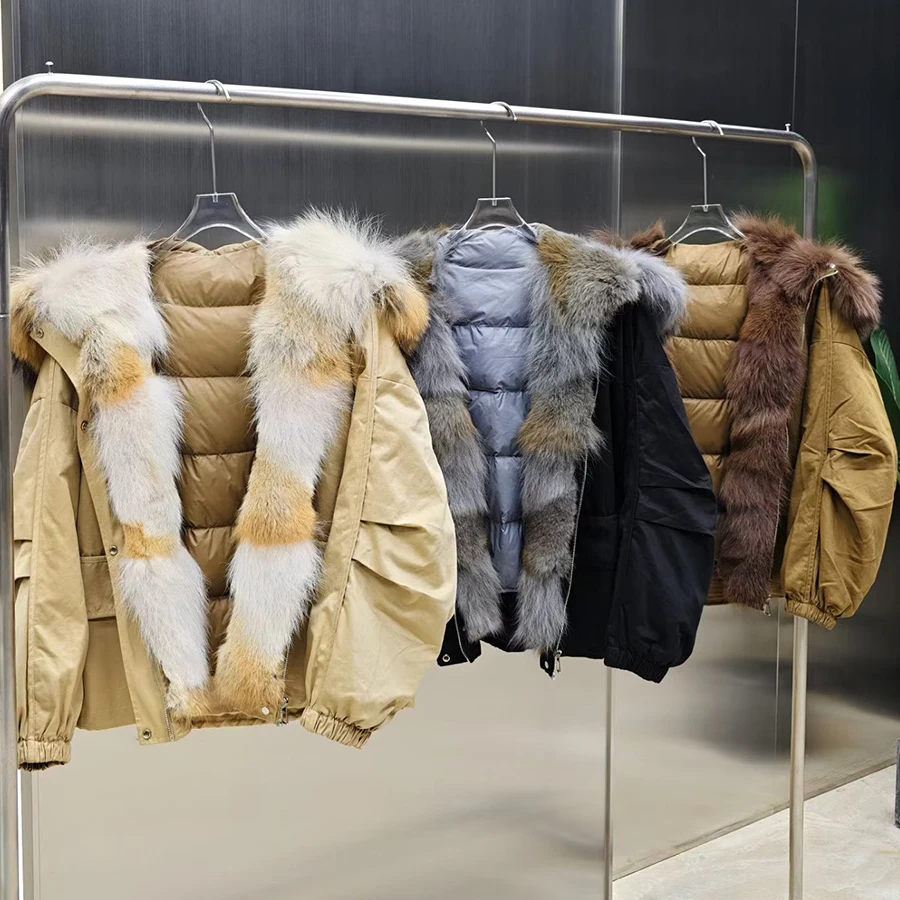 Chaqueta de plumón para mujer con cuello de piel de zorro, chaquetas de invierno cálidas de piel auténtica, abrigo corto de plumón de estilos más vendidos