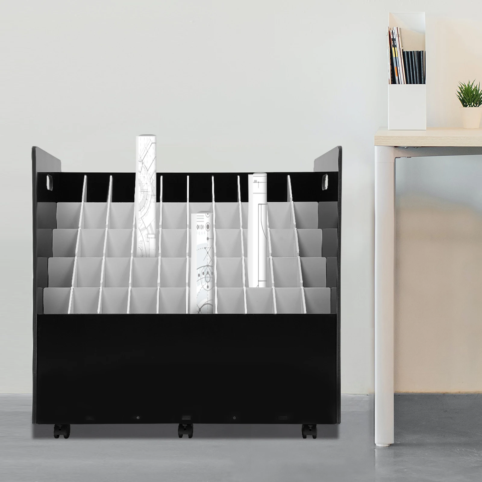 

50-slot Blueprint Organizer, Roll File Storage Holder, Movable Roll File Cart