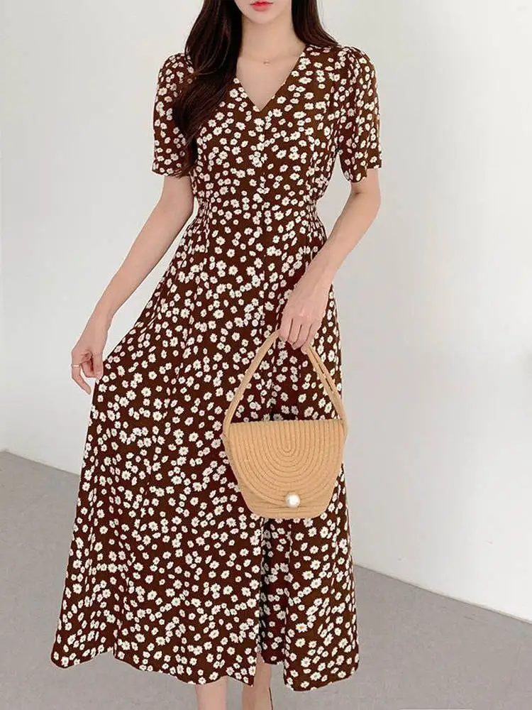 Daisy Floral Print Mujer Dr Cintura elástica Adelgazante Dulce Una línea Falda midi Cintura alta Fibra de poliéster Regular Sve