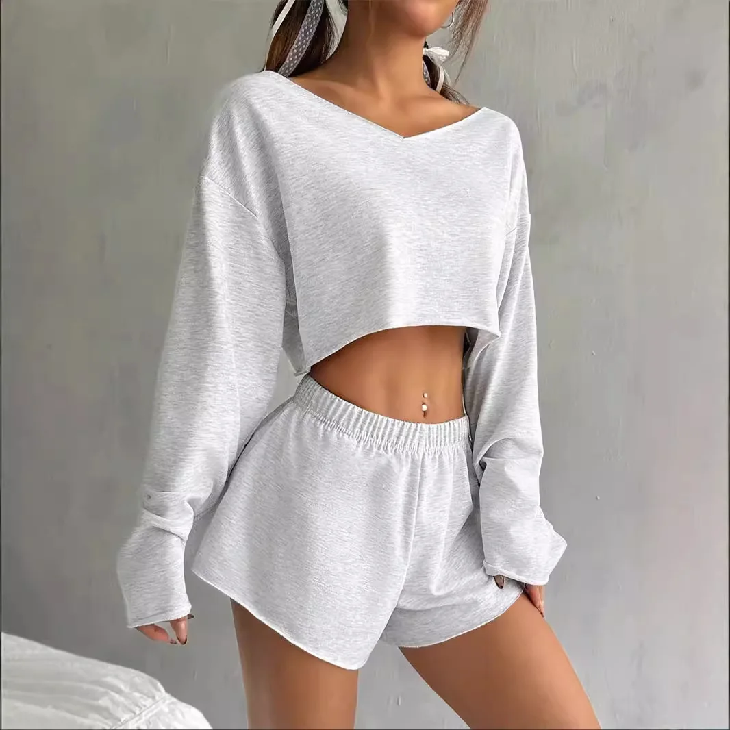 

Y2K Sexy Two Piece Set Women Sports Suit Casual Solid Color Long Sleeve Cropp Top And Shorts Loose 2 Piece Sets Lady Outfit