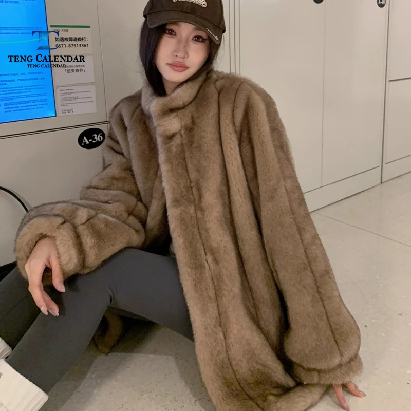 Vintage Mink Imitation Fur Grass, High-end Stand Up Collar Vertical Stripe Lazy Style Fur Coat, Women's 2025 Winter New Style