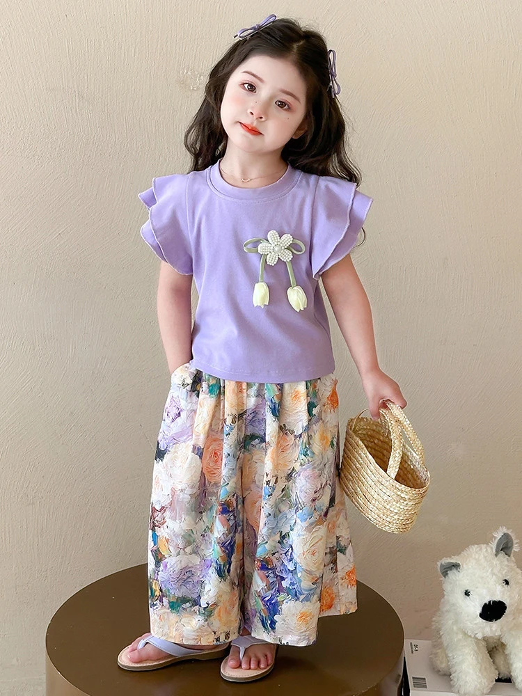 

Girls Suit2026New Summer Floral Wide-Leg Pants Children's Summer Outfit Stylish Short-Sleeve Two-Piece Set for Babies