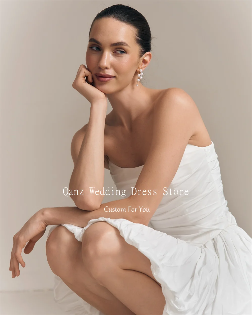 فساتين زفاف Qanz عتيقة من التفتا باللون الأبيض الصغير A Lin Vestido De Novia Boda بأربطة من الخلف مفتوحة من الخلف رداء De Mariée مخصص #3