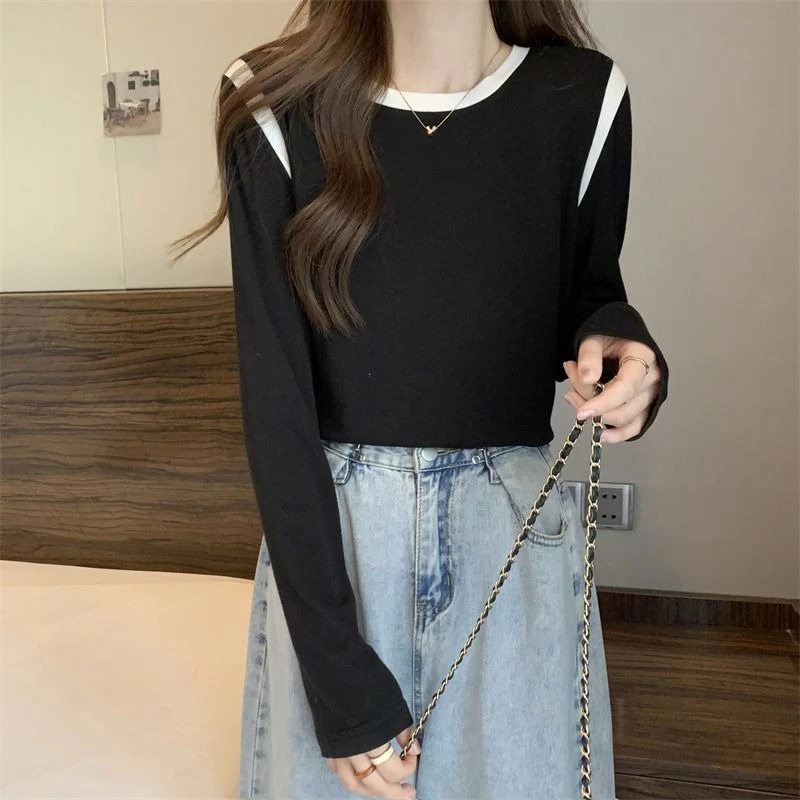 

Осенняя женская футболка с длинным рукавом, универсальный дизайн с цветовыми блоками, стильный, облегающий, скрывающий живот, базовый слой