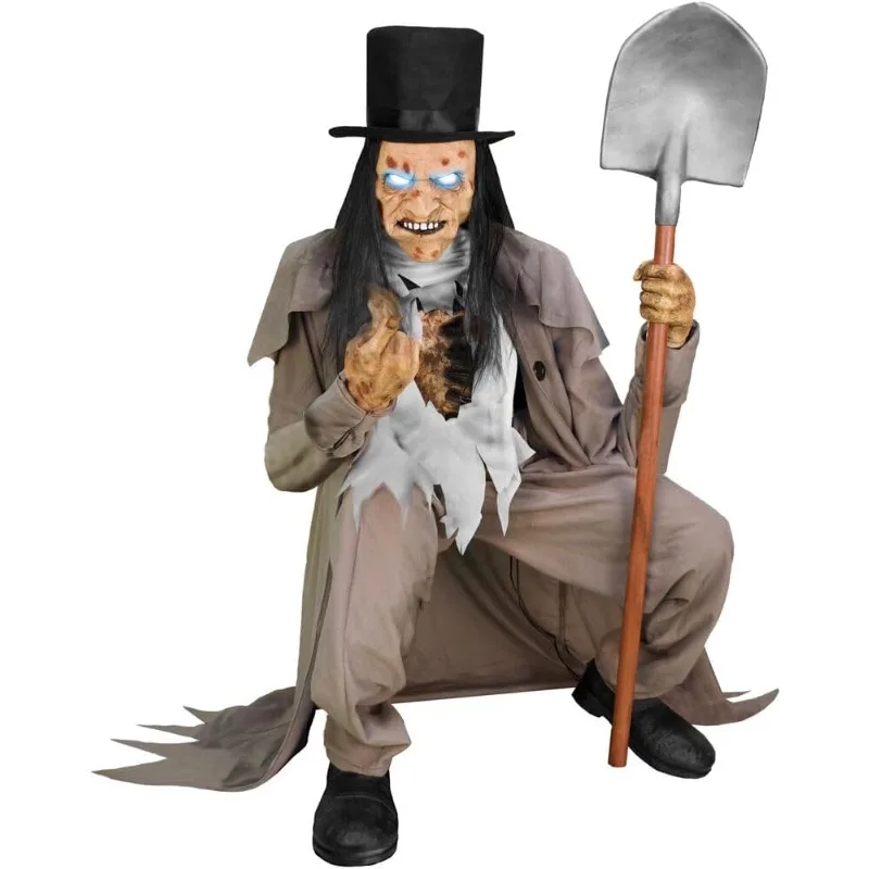 Farm Motion-Activated Crouching Grave Digger by Tekky, Talking Halloween Animatronic for Indoor or Covered Outdoor