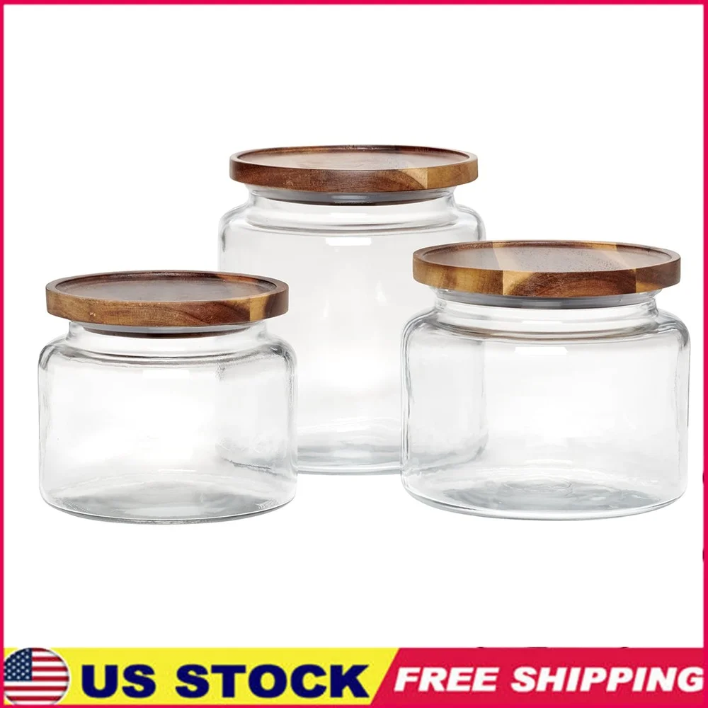 

Glass Jars Set with Acacia Wood Lids 3 Pieces Food Storage Candy Cookie Dry Goods Pantry Laundry Counter Display