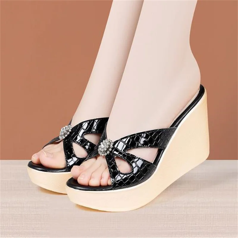 8cm 11cm Rhinestone Patent Leather Slippers Summer High Heels Platform Wedges Shoes for Office MOdel Small sandal Size 33-43