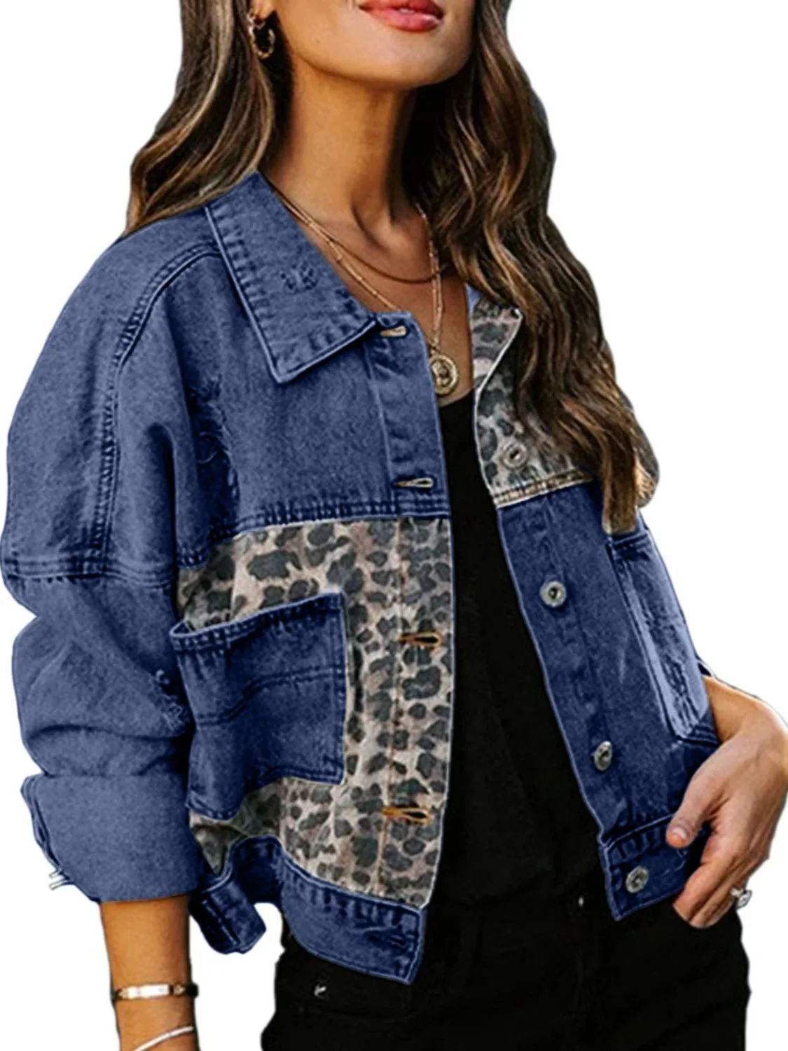 

Women's Long-Sleeved Loose Denim Jacket Leopard Print Spring Autumn New Fashion Ladies Casual Outerwear