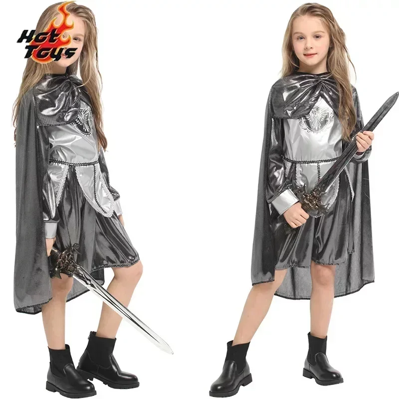 Children Shining Silver Knight Costume Girls Medieval Warrior General Cosplay Outfits Kids Halloween Stage Performance Clothing