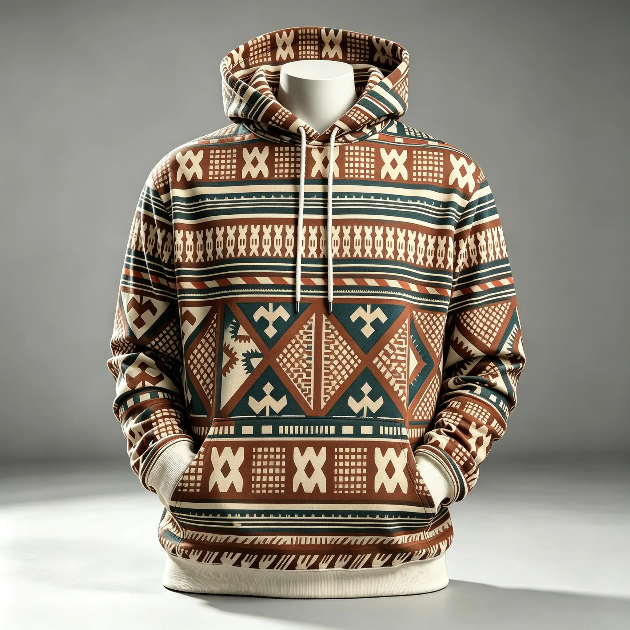 Men's Hoodie Rust Teal Boho Horizontal Stripes Print Breathable Pullover Sweatshirt for Ethnic Vintage Style Daily Wear