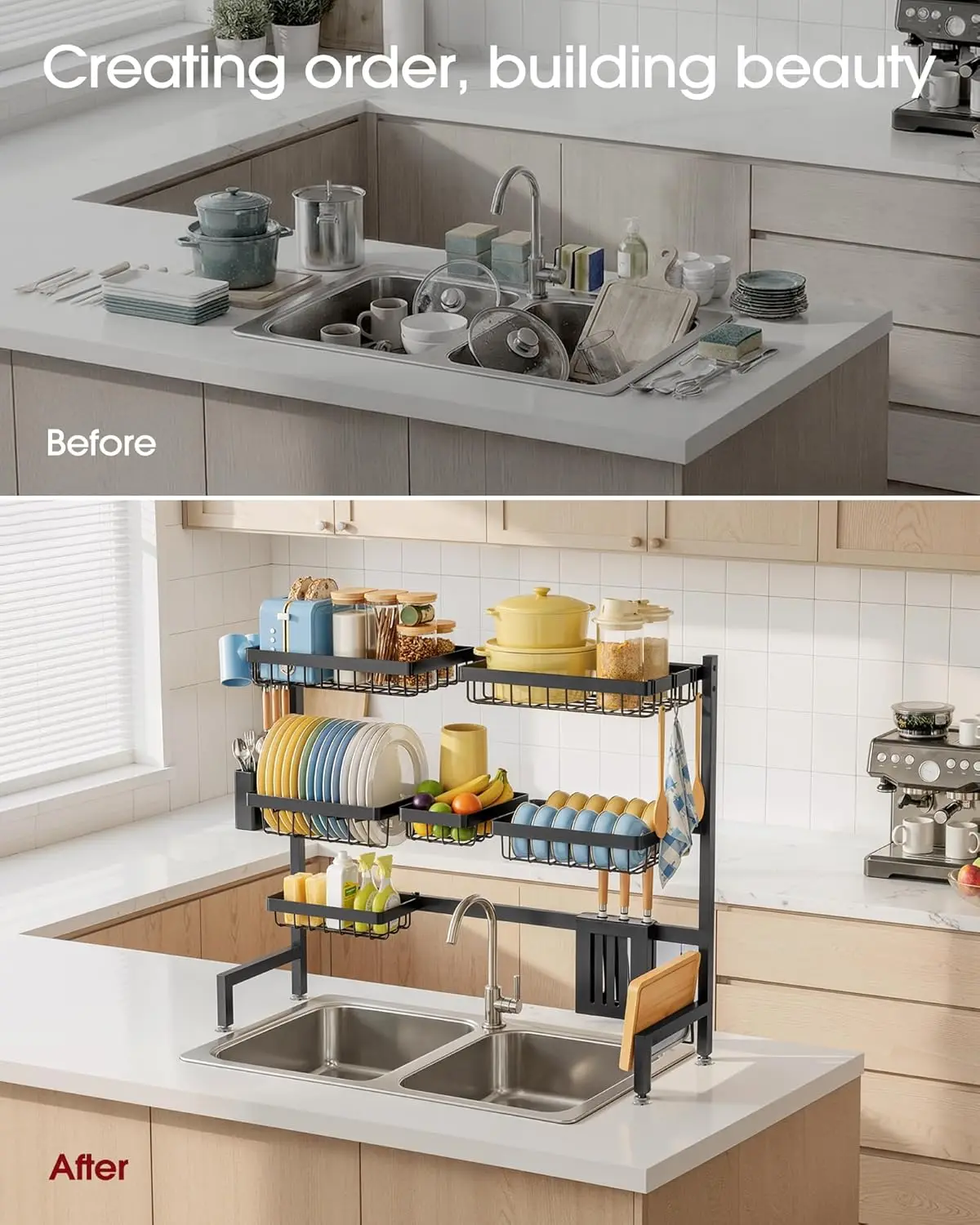 Universal Stainless Steel Over-Sink Dish Drying Rack, Multi-Layer Storage Structure, Compatible With Most Standard Household Kitchen Sinks