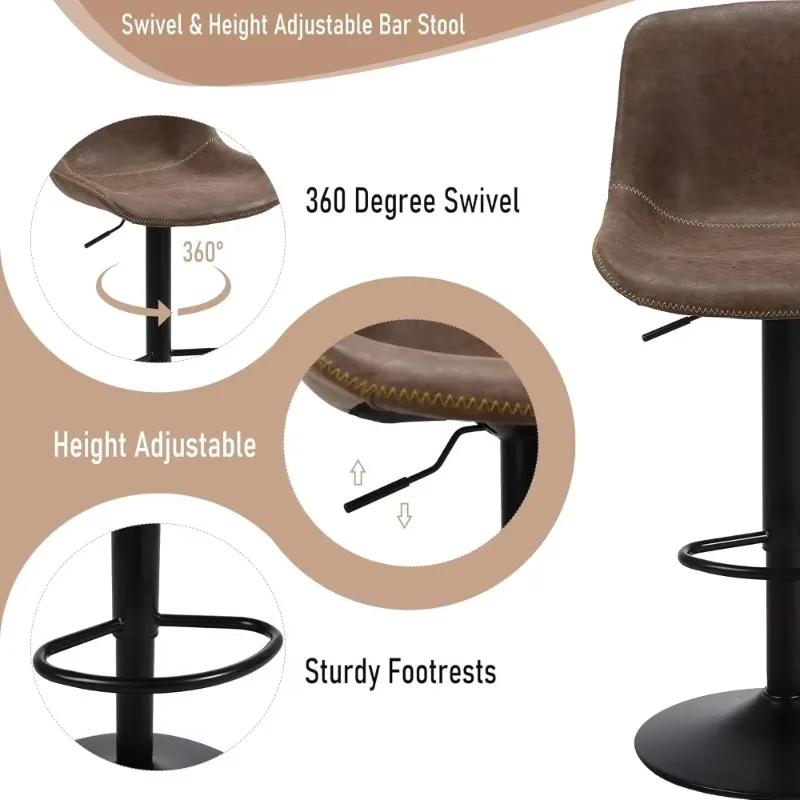 

Bar Stools Set of 2, Swivel Counter Height Barstools with Back, Adjustable Bar Chairs, Armless PU Leather Kitchen Island Stool