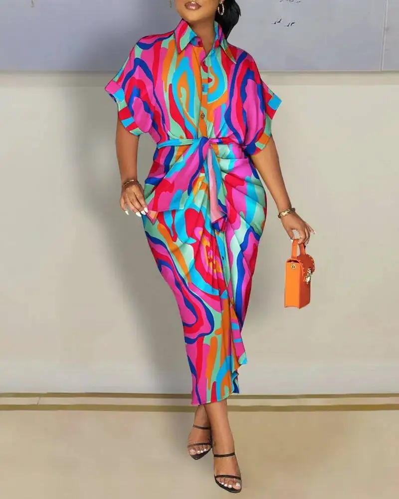 قميص نسائي صيفي بأكمام قصيرة وأزرار سفلية وطية صدر السترة فساتين مطبوعة موضة فضفاضة للعطلات والحفلات المسائية 2025 فيستدوس #4